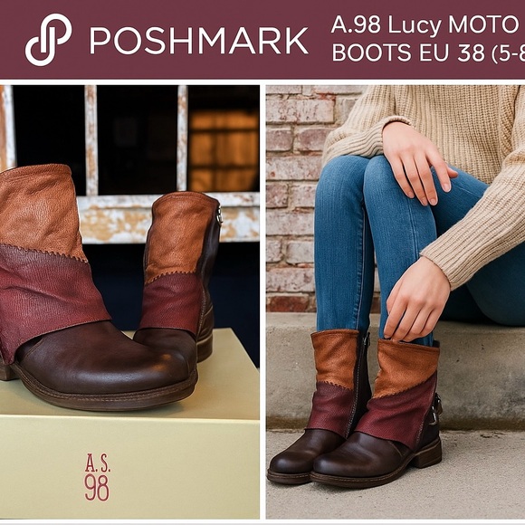 A.S.98 Leather Moto Boots 717241 Choco/Nero/Amaranto EU 38 (US 7.5–8) - Picture 1 of 15